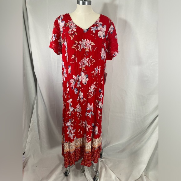 Woman Within maxi dress red floral crinkle resortwear wedding date 22/24 1X - Picture 1 of 5